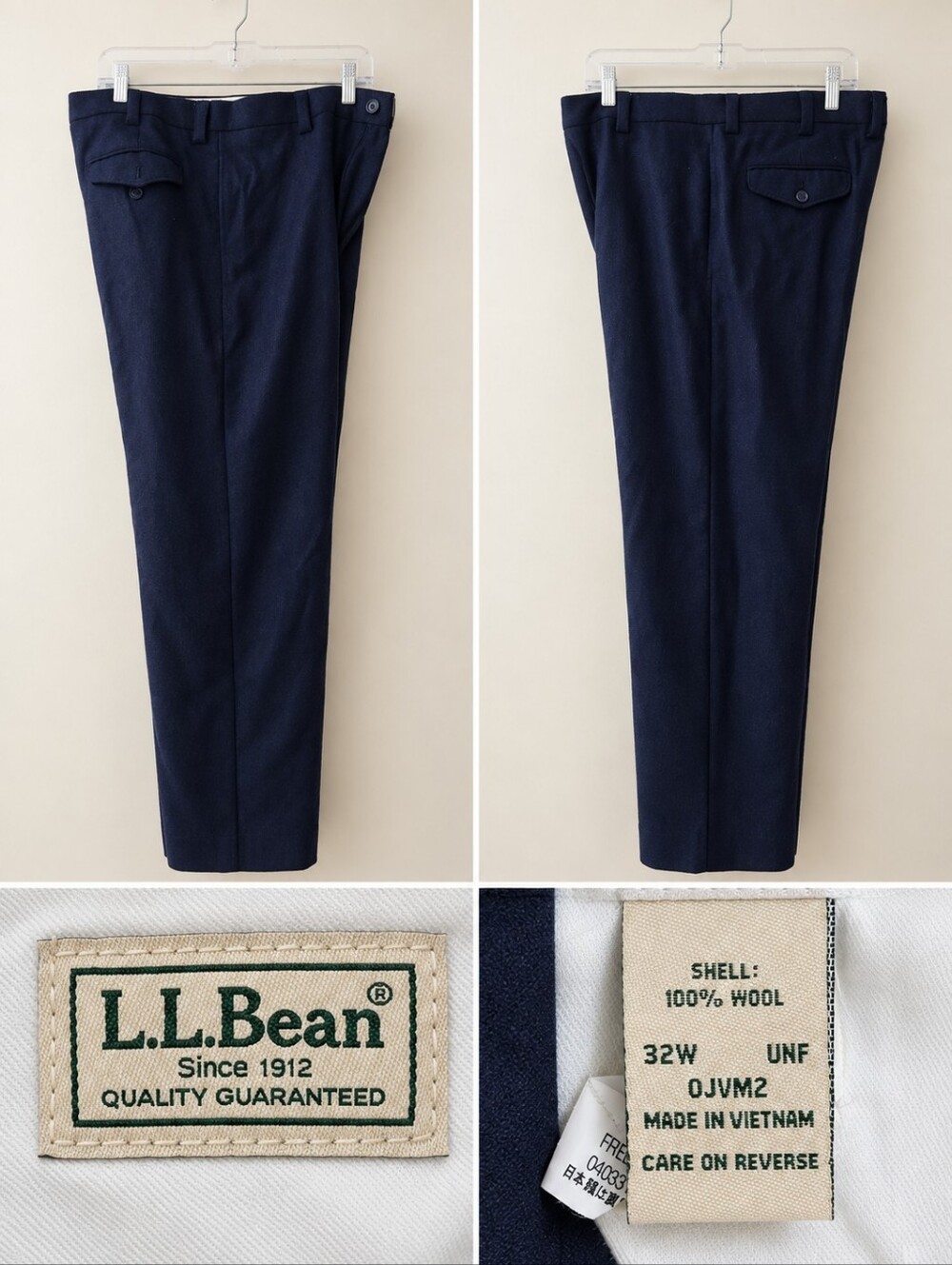 L.L.Bean Men's 32W Navy Blue 100% Wool Dress Pants Trousers Flat Front